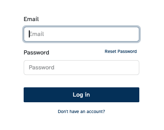 A login window, with fields for email and password. There are options to reset the password as well as to log in, or if you don't have an account, to register.