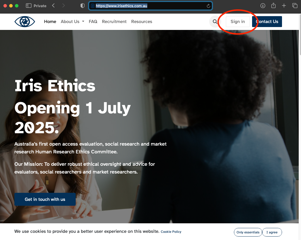 A screenshot of the Iris Ethics Homepage. In the top right hand corner, there is a red oval outline that highlights the button to "Sign In".