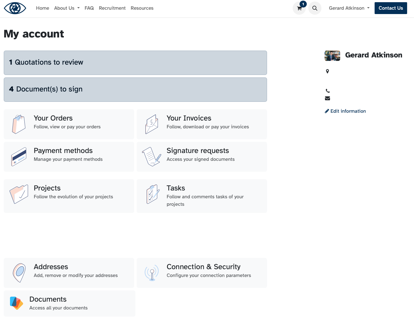 A screenshot of the account homepage for users, with alert messages at the top. There are options for orders, invoices, payment methods, signature requests, projects, tasks, addresses, security, and documents